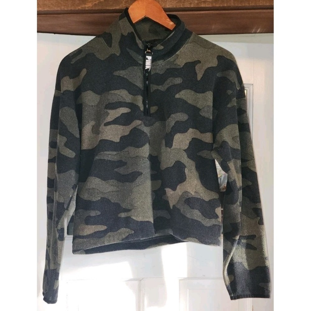 PINK Victoria's Secret small Green Camouflage Fleece Logo Jacket Top Long Y2k